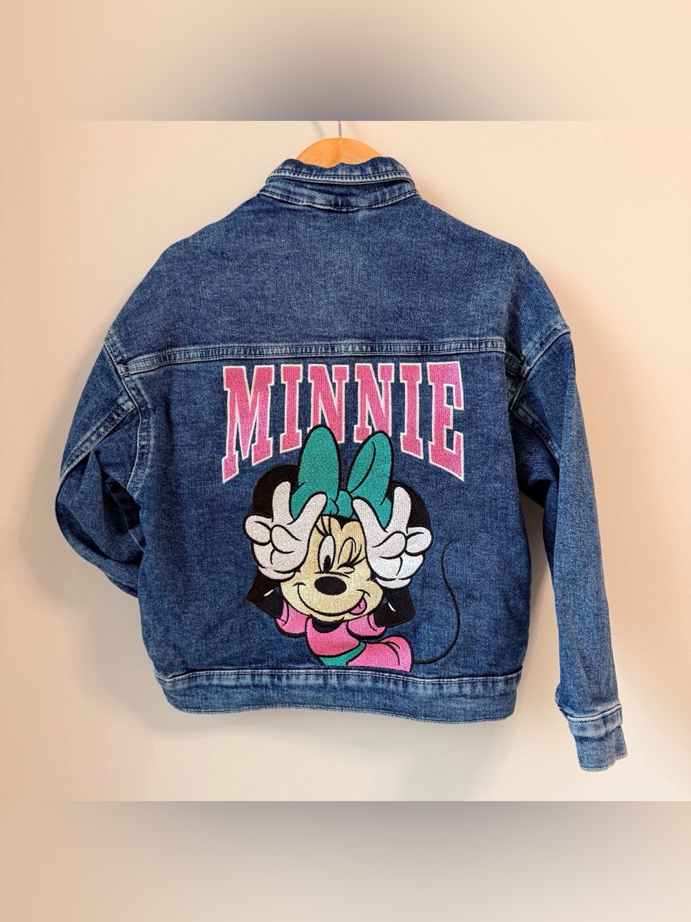 H&M Blue Denim Embroidered Minnie Jacket with Pink & Teal Accents 6-7Y